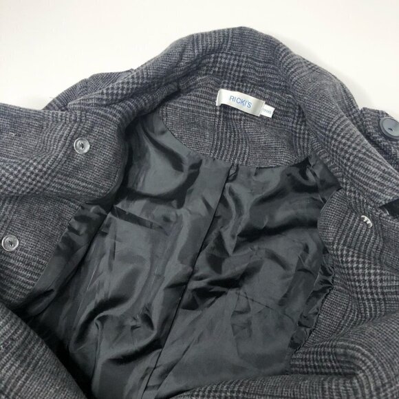 𝅺RICKI’S Grey Plaid Military Style Belted Wool Blend Thick Peacoat Trench Coat - Picture 13 of 16
